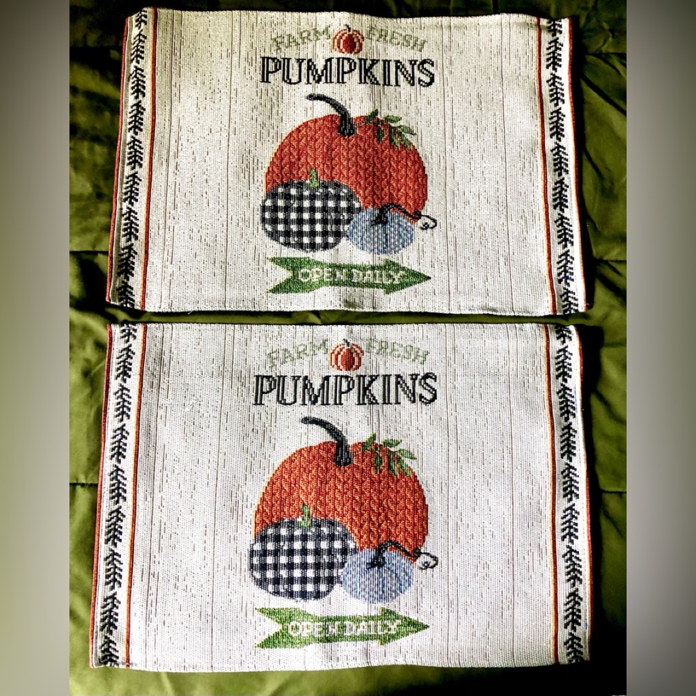 Fall Farm Fresh Pumpkins Farmhouse Tapestry Placemats 2 Orange Black Check NWOT